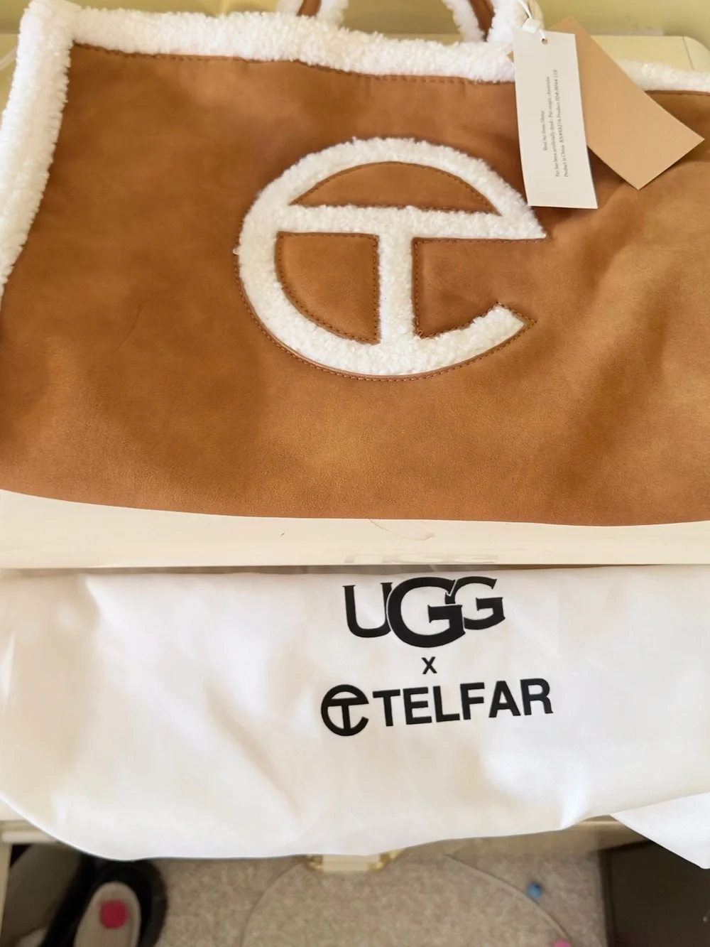 Shearling Trim Suede Tote Bag - Brown